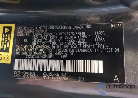 2011 Lexus Rx 350 z USA, uszkodzony, nr VIN 2T2BK1BA1BC099091